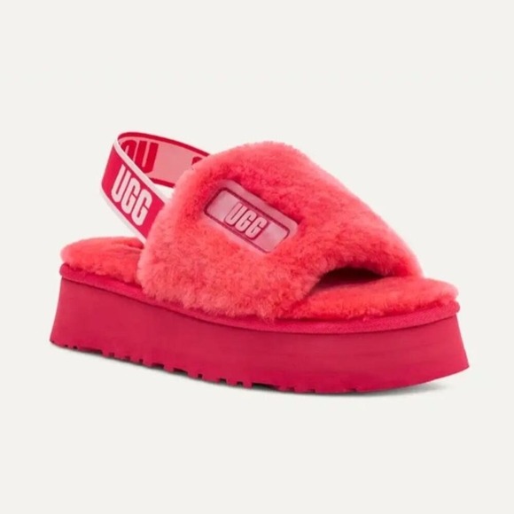 UGG Disco Slides Sandals Pink Cloud Sheepskin Fluff Fur‎ Slingback Strap Logo 7 - Picture 2 of 15